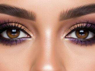 Un primo piano del volto di una donna con gli occhi marroni truccati con sfumature di viola e bronzo, che mette in risalto il colore e la profondità dello sguardo.