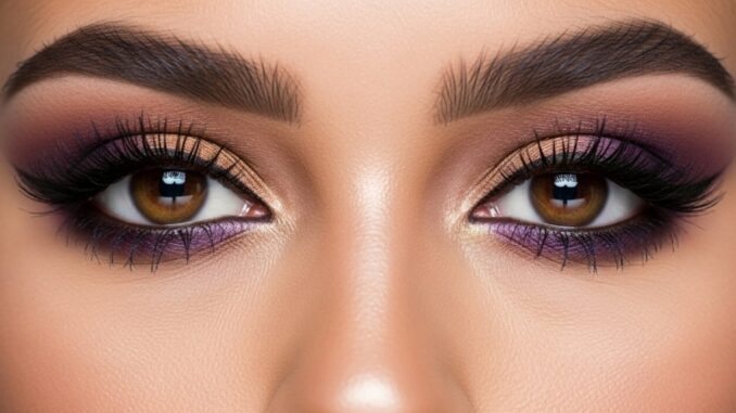 Un primo piano del volto di una donna con gli occhi marroni truccati con sfumature di viola e bronzo, che mette in risalto il colore e la profondità dello sguardo.