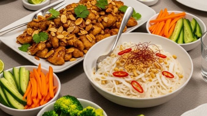 Una cena asiatica con bocconcini di pollo in salsa e un piatto di spaghetti di riso con latte di cocco, decorati con verdure fresche e lime.