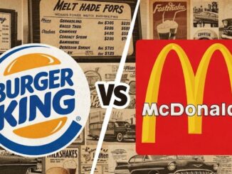 I loghi di Burger King e McDonald's sono affiancati su uno sfondo che evoca manifesti e pubblicità vintage di fast food, auto d'epoca e menu storici. L'immagine, con un look nostalgico e artistico, rappresenta la rivalità storica tra i due marchi.