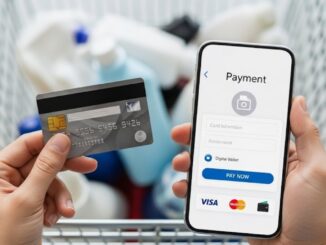 Una persona tiene in mano una carta di credito e uno smartphone che mostra una pagina di pagamento sicura, sullo sfondo sfocato di un carrello della spesa. La scena enfatizza la comodità e la sicurezza degli acquisti su internet.