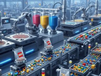 Un'illustrazione concettuale e futuristica di una fabbrica di LEGO, con bracci robotici che maneggiano stampi e granuli di plastica e un sistema di nastri trasportatori che ordina i pezzi finiti.