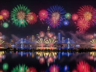 fuochi d'artificio in città con visione sul ponte