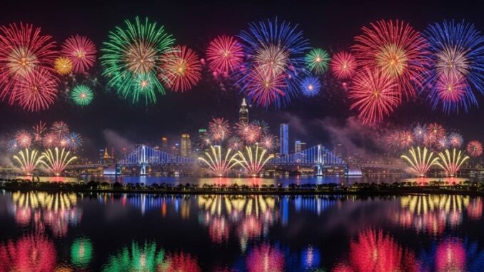 fuochi d'artificio in città con visione sul ponte