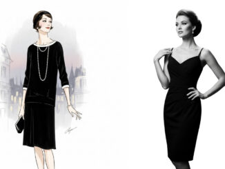 Una illustrazione classica di una donna che indossa un semplice abito nero, elegante e minimalista, che rappresenta la petite robe noire resa famosa da Coco Chanel.