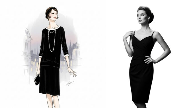 Una illustrazione classica di una donna che indossa un semplice abito nero, elegante e minimalista, che rappresenta la petite robe noire resa famosa da Coco Chanel.