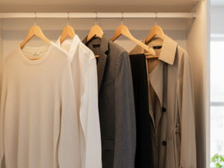 Un armadio aperto e ben organizzato che mostra una piccola selezione di capi di abbigliamento neutri e classici appesi, simbolo di un guardaroba capsula.