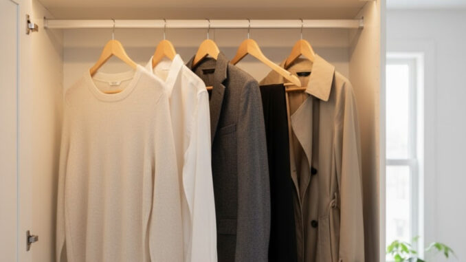Un armadio aperto e ben organizzato che mostra una piccola selezione di capi di abbigliamento neutri e classici appesi, simbolo di un guardaroba capsula.