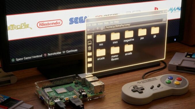 n'immagine che combina l'hardware (il Raspberry Pi), il software (la schermata di RetroPie) e l'argomento specifico dell'articolo (la struttura delle cartelle).